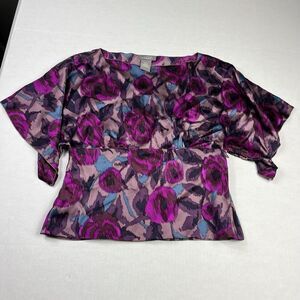 Kenar Silk Blouse Floral Wide Short Sleeve Boatneck Cinched Waist Top MEDIUM